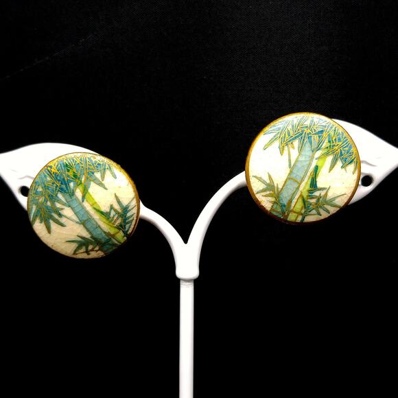 Vintage Japanese Satsuma Porcelain Earrings, Screw Backs, Bamboo Pattern - Picture 7 of 10
